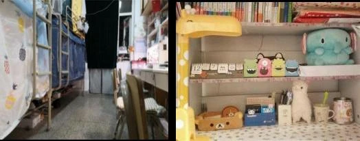 东区宿舍资料图,包含上下铺走道和书桌收纳