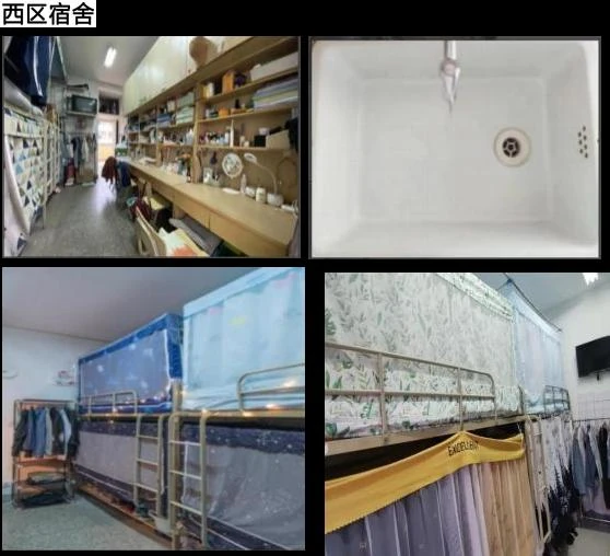 西区宿舍资料图,包含长桌柜、洗手池和上下铺